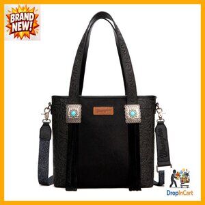 Western Tooling Leather Tote Bag with Fringe and Turquoise Stone Concho